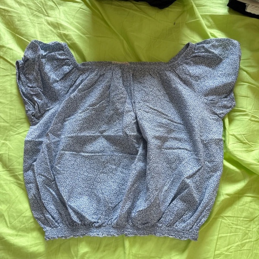 Blue and White Smocked Ruffled Cap Sleeve Blouse